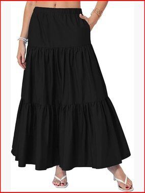 High Waisted Maxi Skirt with Pockets A-Line Tiered Boho Casual Flowy